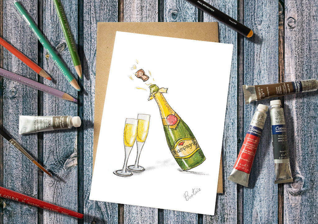 Painting of a champagne bottle and glasses Greetings Card