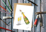 Painting of a champagne bottle and glasses Greetings Card