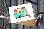 A Happy Camper Greetings Card with a Caravan illustration 