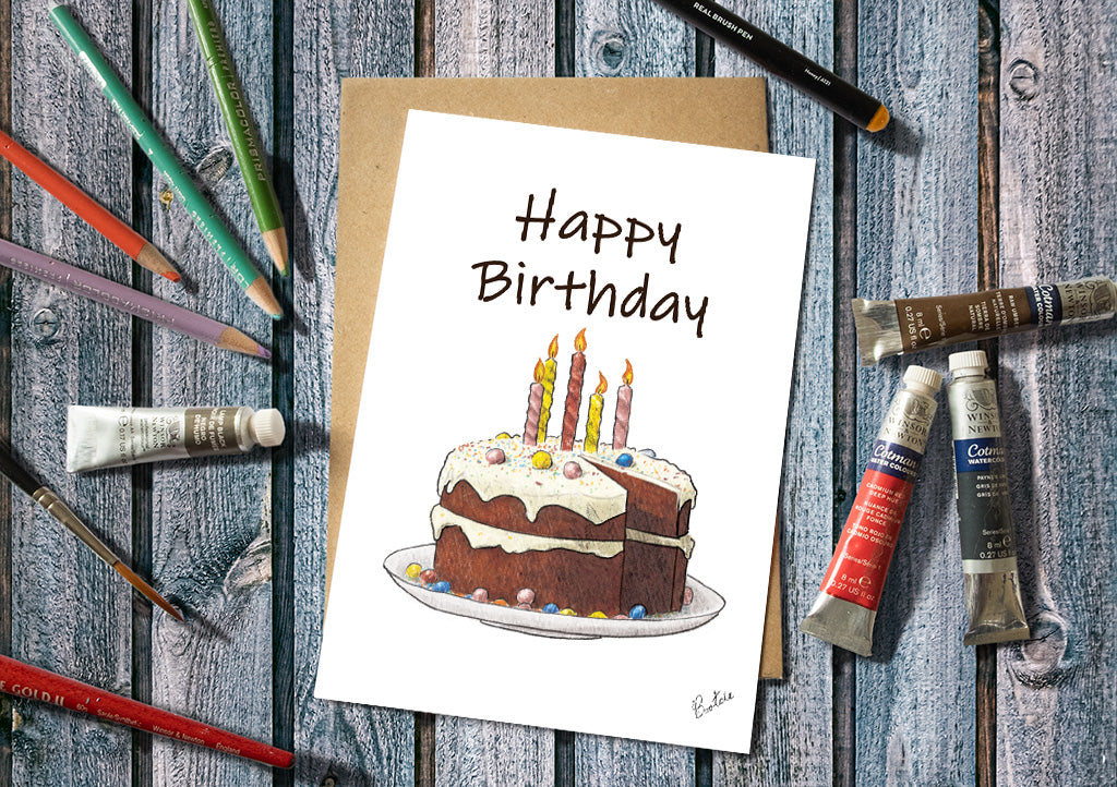 A birthday card with the words happy birthday and an illustration o a birthday cake.