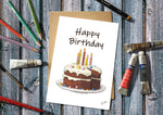 A birthday card with the words happy birthday and an illustration o a birthday cake.