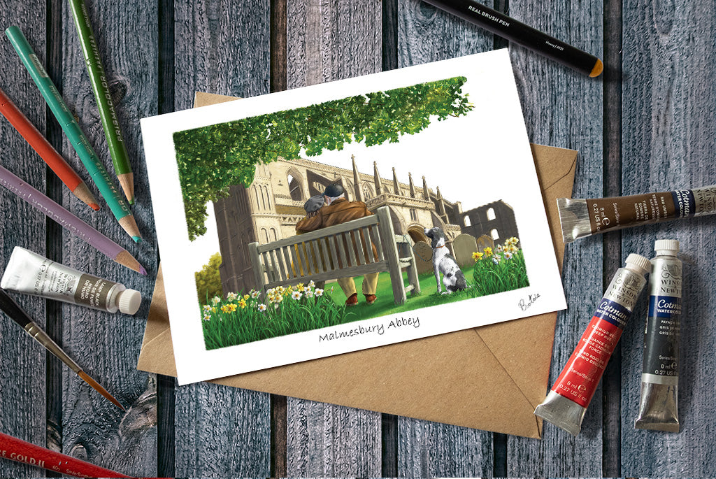 A greetings card with an illustration of Malmesbury Abbey 