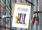 Nanny greeting card with purple wellies and a daffodil.