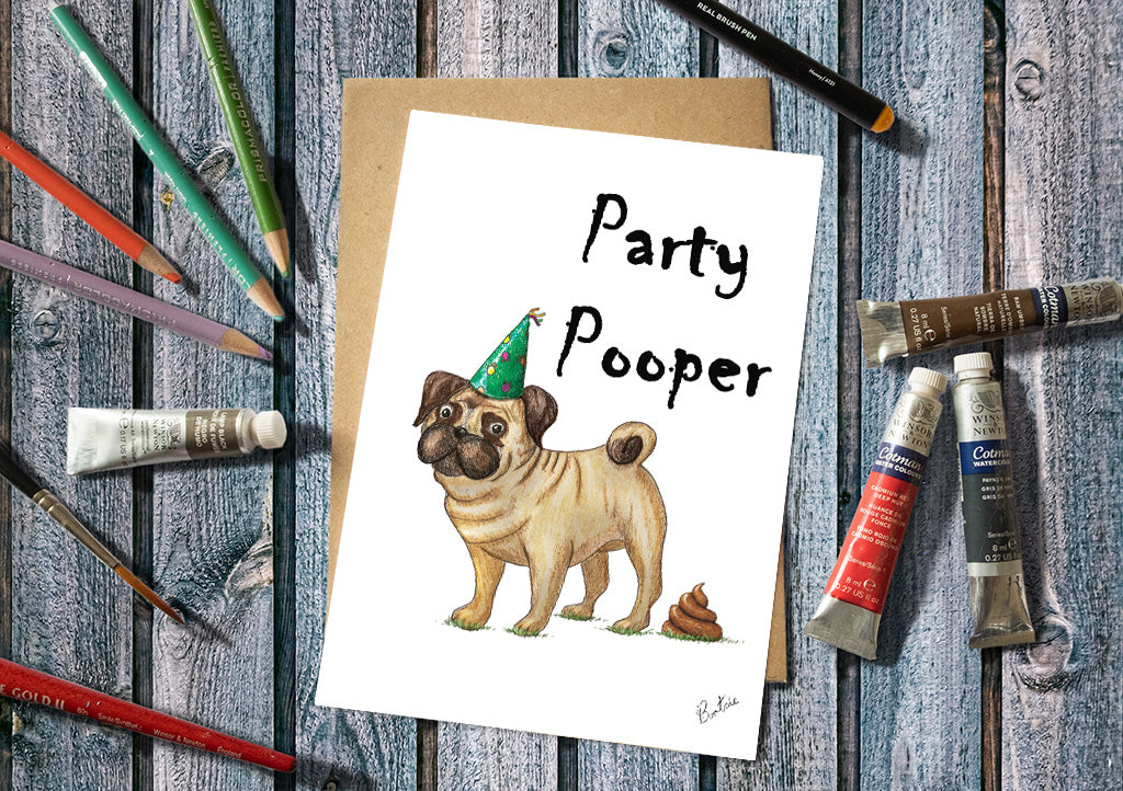 Party Pooper, Pug Greetings Card 7x5