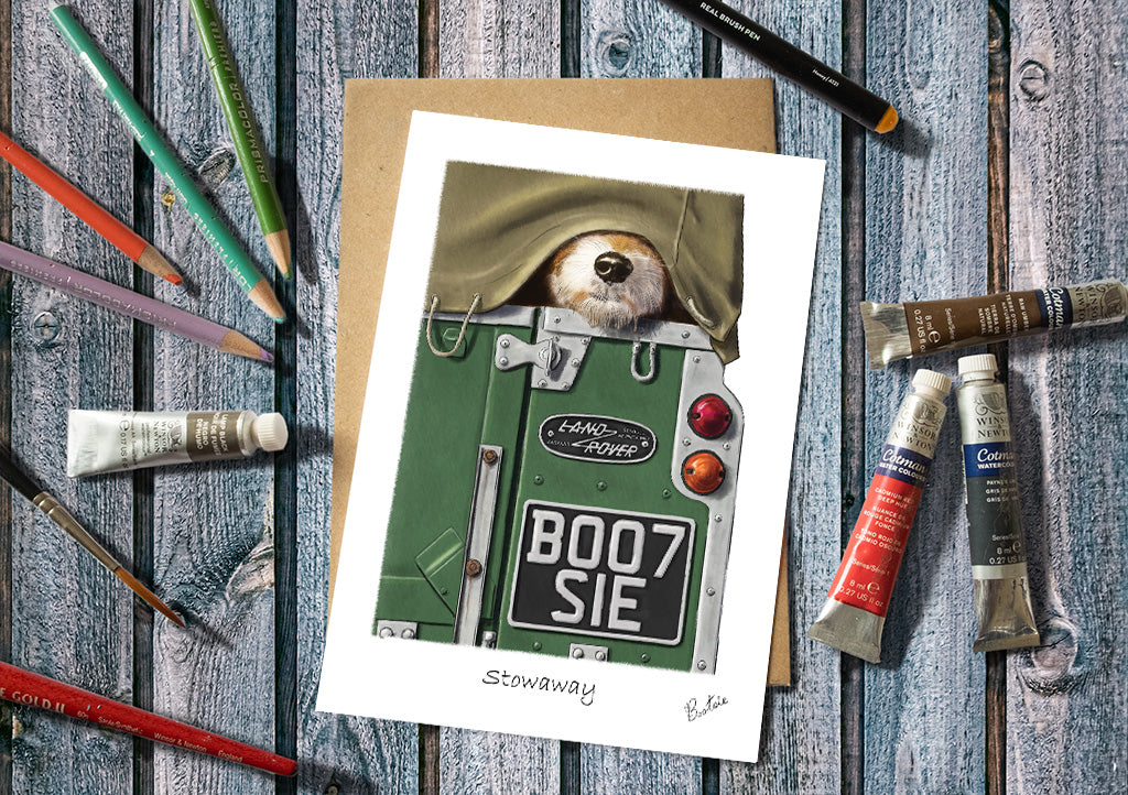 Cute dog in a Landrover Greetings Card 7x5