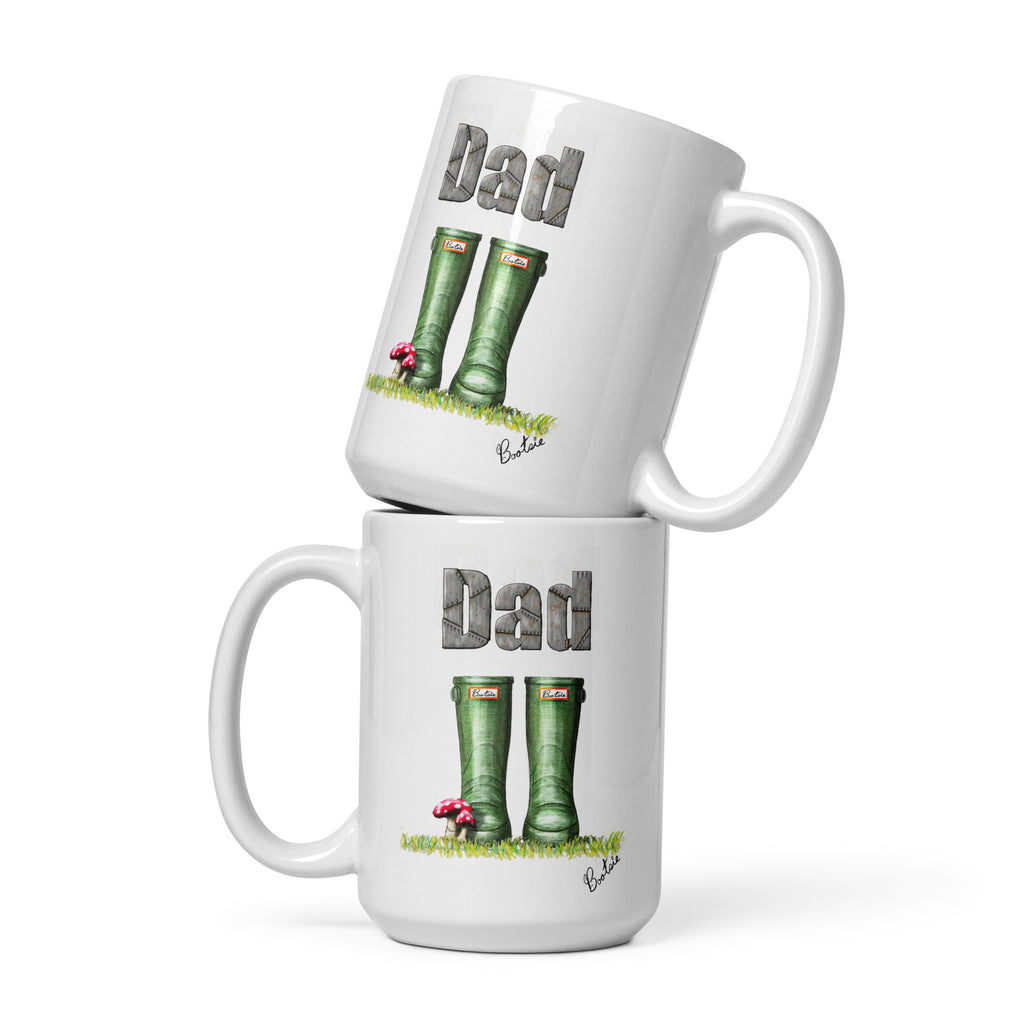 2 Mugs with designs displaying  "Dad" & a hand drawn pair of cute wellingtons